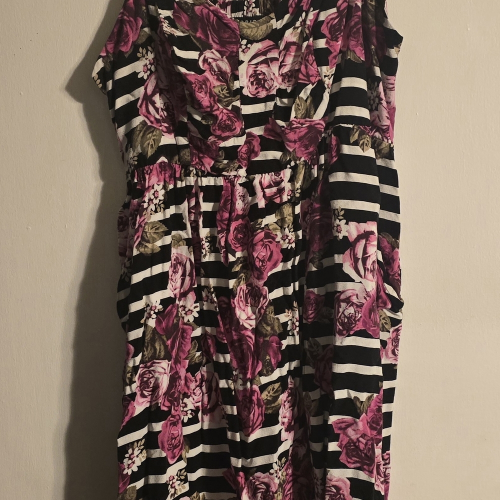 Torrid Black and White Striped Dress with Pink Floral